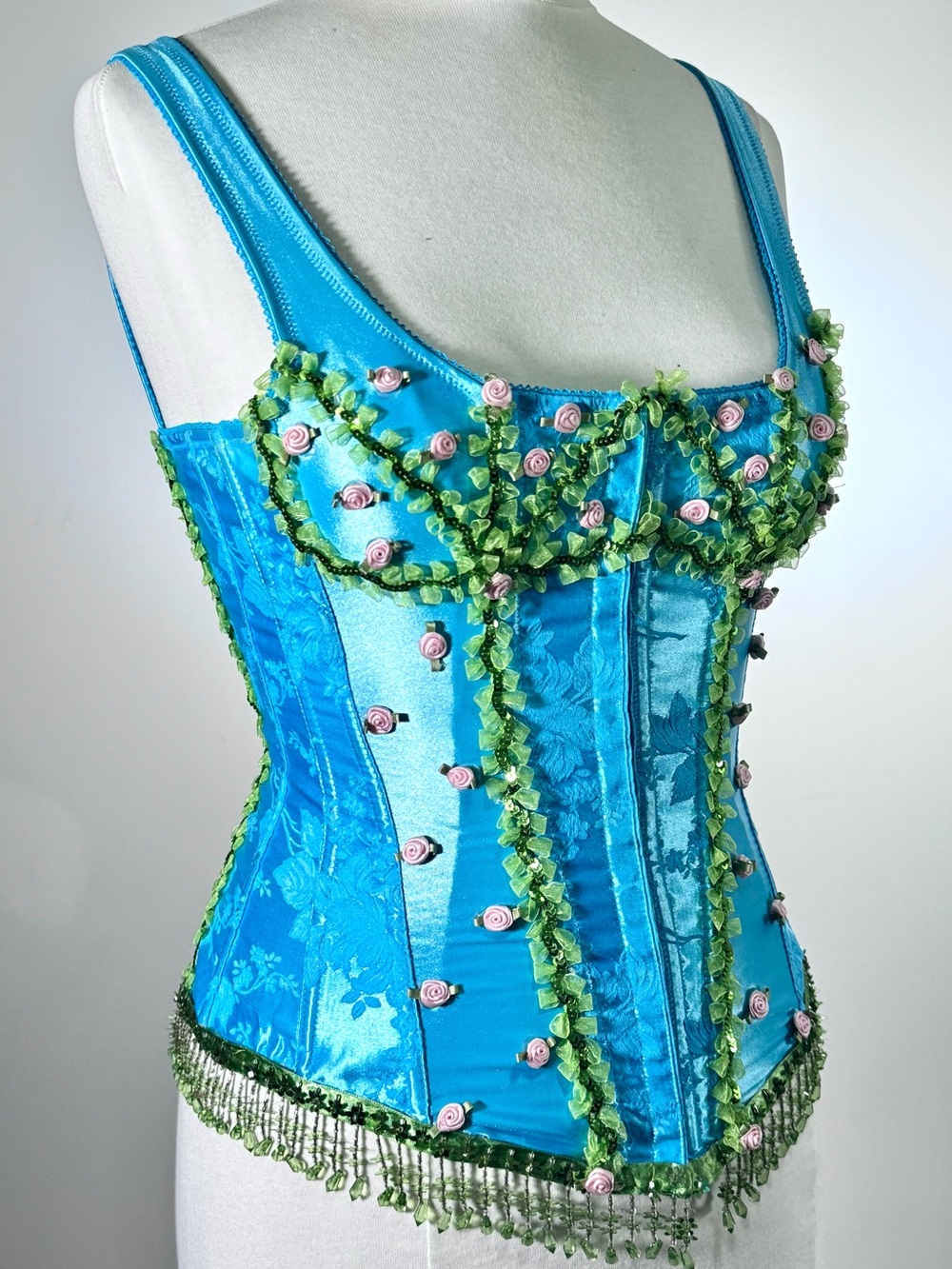 Turquoise Satin Floral Corset with Green Trim and Pink Rosettes 90s